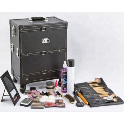 Black Leather Like Professional Aluminum Rolling Cosmetic Case Makeup Trolley